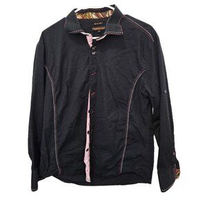 Perruzo Slim Fit Button Up Shirt Black Red White Stitching Mens Size Large